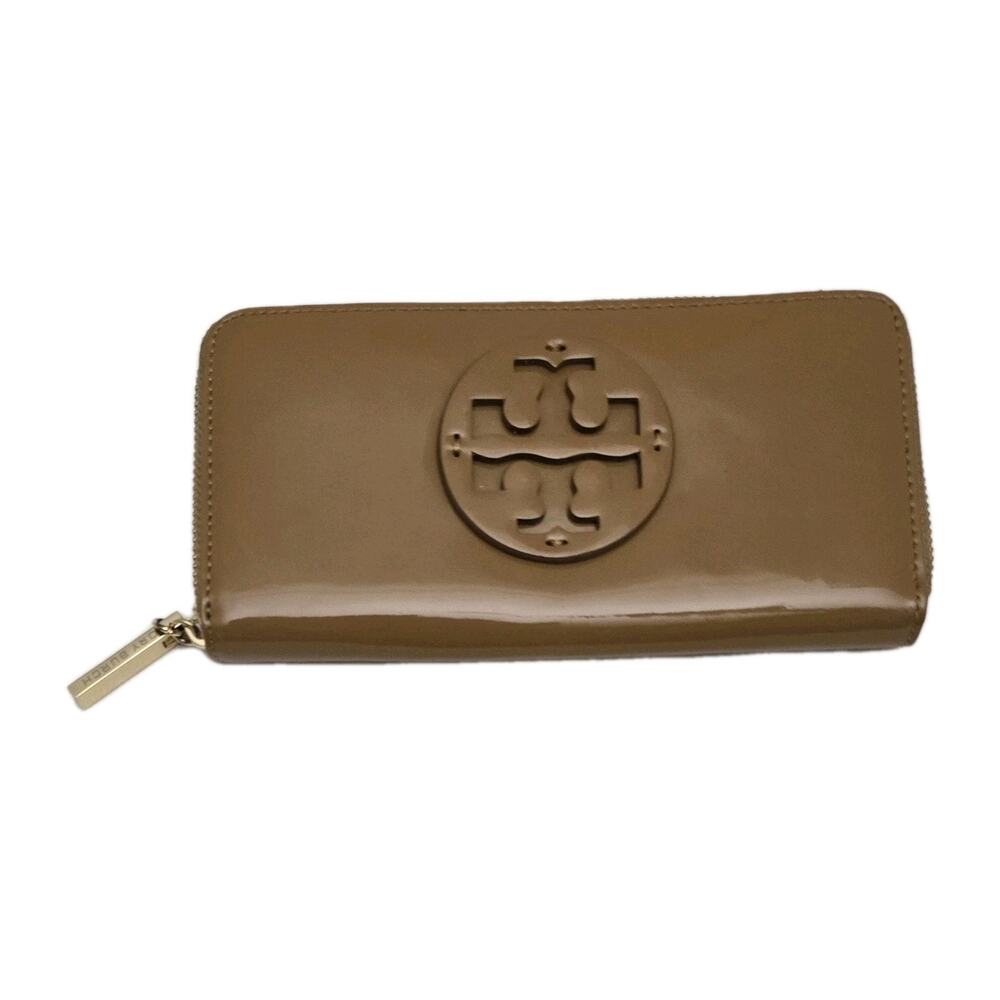 Tory Burch Patent Leather Zip Around Continental Wallet Caramel